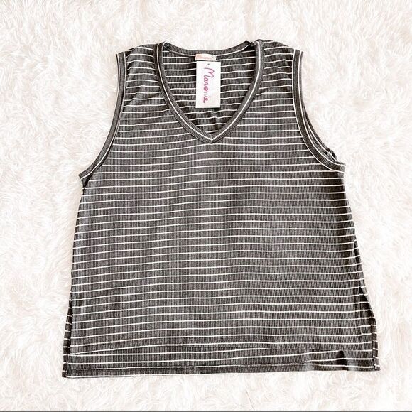 Maronie x Revolve Grey & White Sleeveless V Neck Ribbed Knit Tank Top SZ L BNWT - Picture 1 of 7